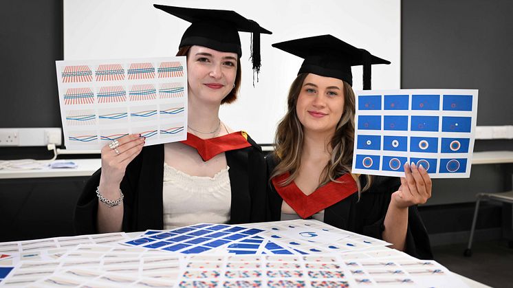 Abbie Smith and Frankie Harrison are pictured before their graduation ceremony earlier this week with some of the frames used in their animation 'It all starts on paper', which was commended at the RSA Student Design Awards.