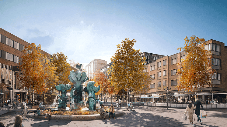 Stig Lindbergs fontän lyfts fram i utformningen av Renmarkstorget. Illustration av White.