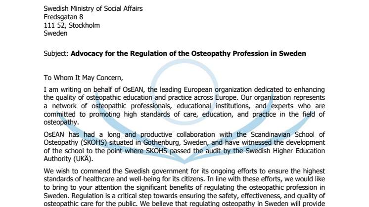 OsEAN Letter - Advocacy for the Regulation of the Osteopathy Profession in Sweden.pdf