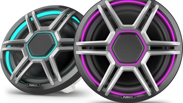FusionApolloSpeakers_8.8inch_SportsGray_FrontLeft_Blue_Magenta_Group.png