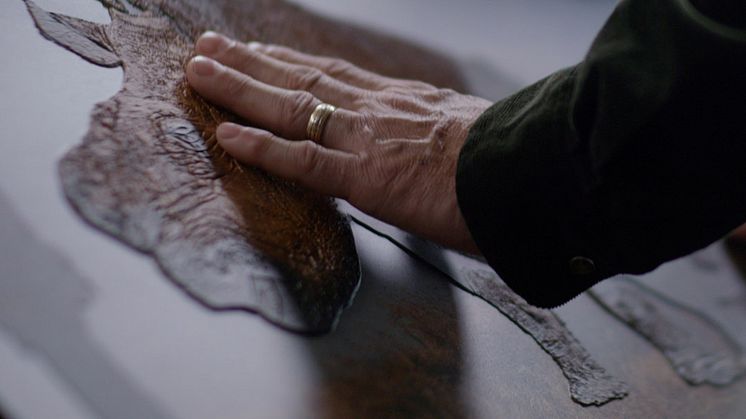 Fingertopparna på en hand med en vigselring vilar varsamt på en taktil bild av en noshörning, utskriven på en platt bakgrund. Djurets form är tryckt i relief och de olika texturerna i dess hud är tydliga.