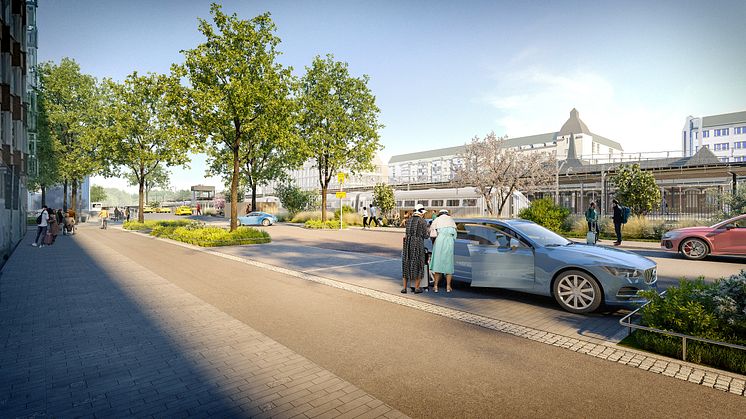 Hämta-/lämnafunktionen vid resecentrums södra entré på Trädgårdsgatan. Illustration: White arkitekter