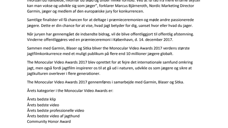 Garmin® partner i konkurrencen the Monocular Video Awards 2017