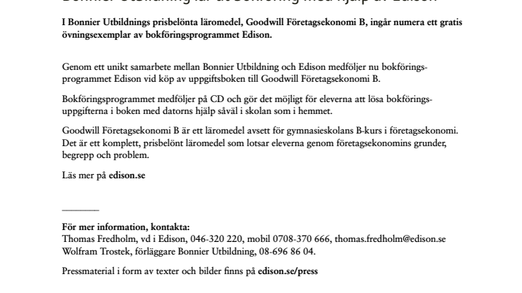 Bonnier Utbildning lär ut bokföring med hjälp av Edison