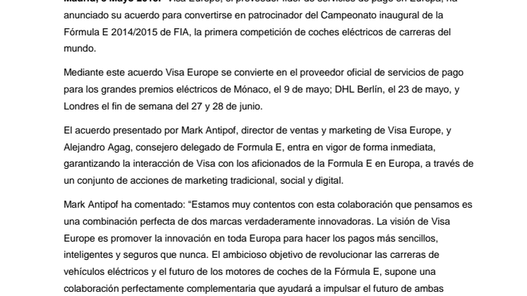 Visa Europe patrocina el campeonato de Fórmula E de la FIA