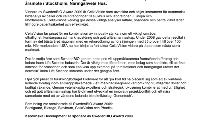 CellaVision - vinnare av SwedenBIO Award 2009