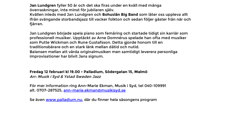 Jan Lundgren 50 år – Festkonsert på Palladium Malmö 12 februari 