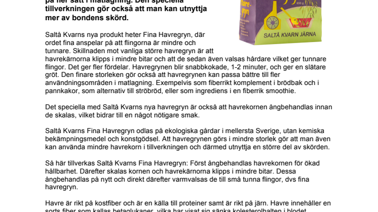 Pressmeddelande Saltå Kvarn Fina havregryn