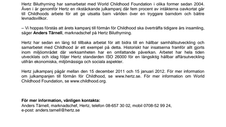 Hertz Biluthyrning ger fem procent av julkampanj till Childhood