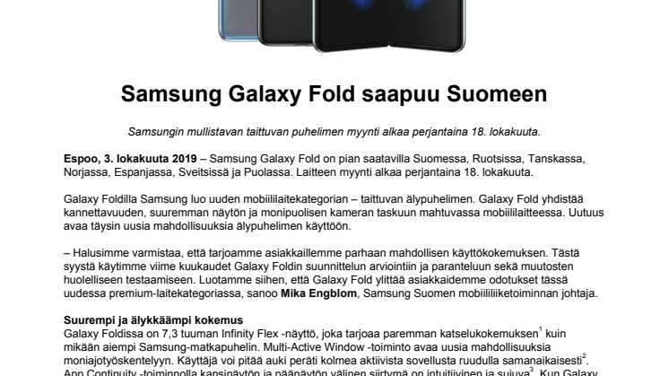 Samsung Galaxy Fold saapuu Suomeen