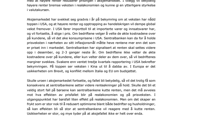 Makrorapport oktober 2018: Stigende renter og handelskrig gir børsfall