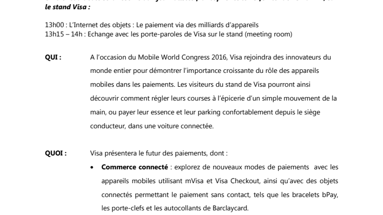 Visa dévoile l’avenir des paiements et du commerce au Mobile World Congress 2016