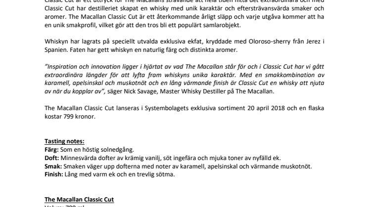 The Macallan presenterar nyheten Classic Cut – en tidlös whisky 
