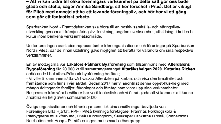 Sparbanken Nord stöttar föreningar i Piteå