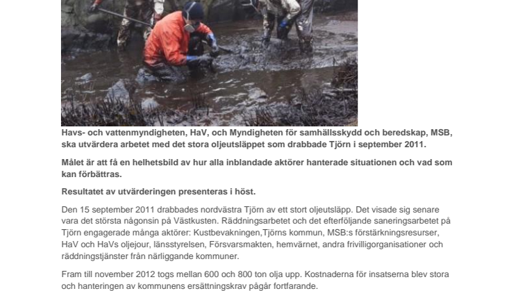 HaV och MSB utvärderar det stora oljeutsläppet på Tjörn 2011