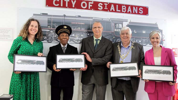 From left: Kate Cohen, St Albans BID destination manager, Siggy Cragwell, Richard Green, mayor of St Albans, Councillor Geoff Harrison, and MP Daisy Cooper present the miniature murals