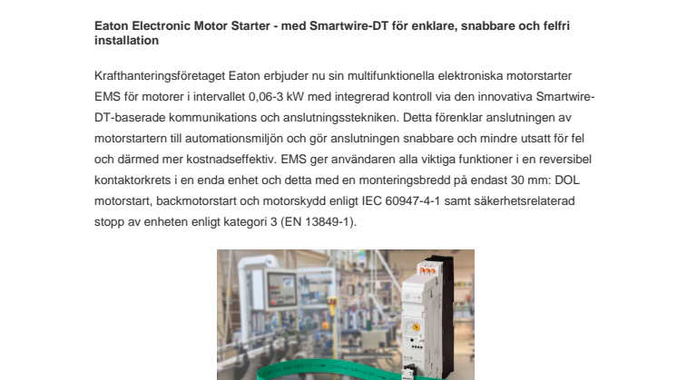 Eaton Electronic Motor Starter - med Smartwire-DT för enklare, snabbare och felfri installation