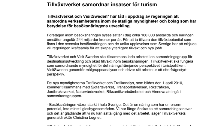 Tillväxtverket samordnar insatser för turism