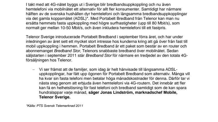 Telenor först på svenska marknaden att lansera hemtelefoni över 4G-nätet