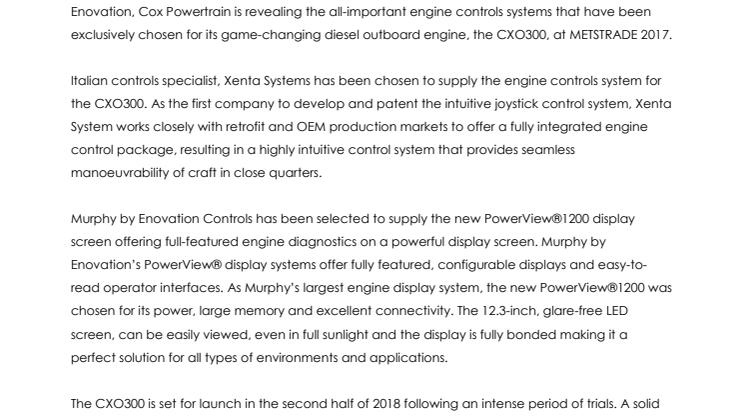 Cox Powertrain - METSTRADE: Cox Powertrain to Preview CXO300 Engine Controls and Display Systems to European Market