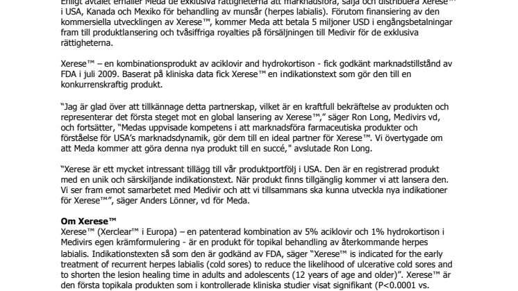 Medivir ingår avtal med Meda för lansering och försäljning av Xerese™ i Nordamerika
