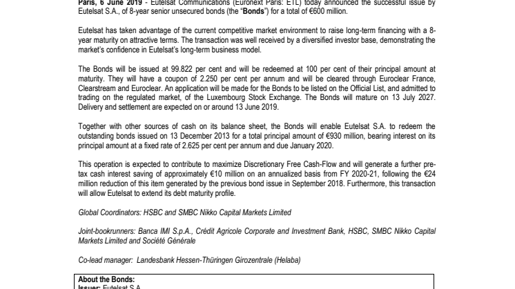 Eutelsat announces successful 8-year bond issuance
