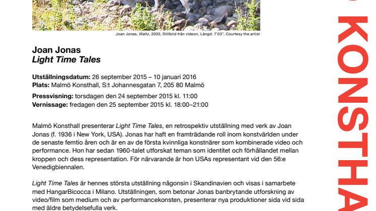 Pressvisning 24/9: Joan Jonas på Malmö Konsthall 