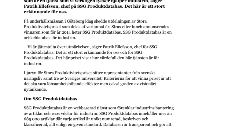 SSG Produktdatabas vinnare av Stora Produktivitetspriset 2014