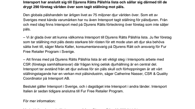 Intersport ansluter sig till Djurens Rätts Pälsfria lista