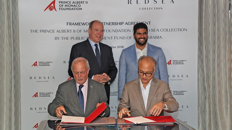 The signing ceremony between Red Sea Collection by The Public Investment Fund of Saudi Arabia and Prince Albert Foundation - a framework agreement on sustainability and marine conservation aims