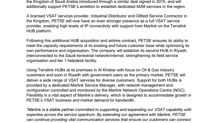 Marlink: Marlink and PETSE extend partnership to provide VSAT services in Saudi Arabia