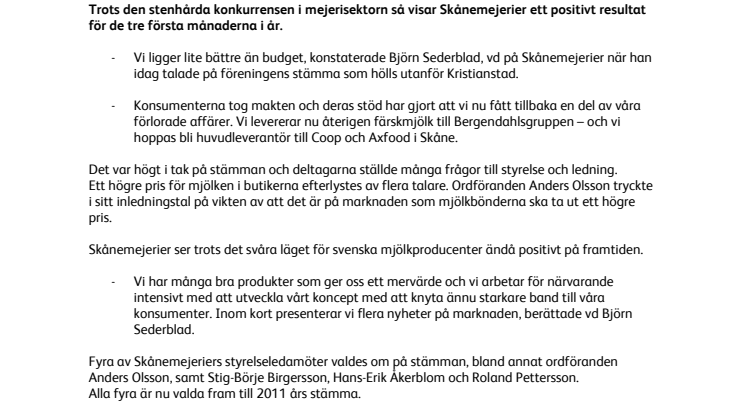 Positiv utveckling för Skånemejerier 