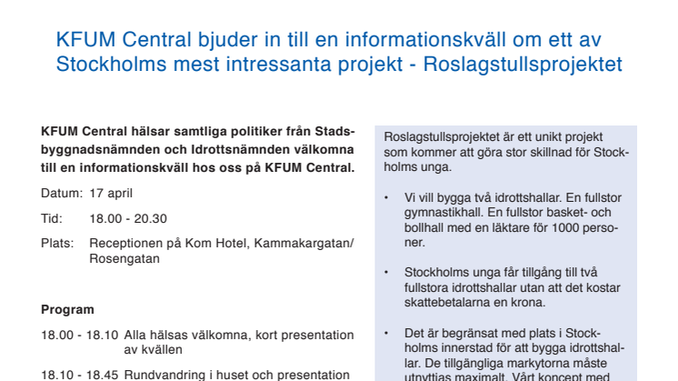 KFUM Central bjuder in till en informationskväll om ett av Stockholms mest intressanta projekt - Roslagstullsprojektet