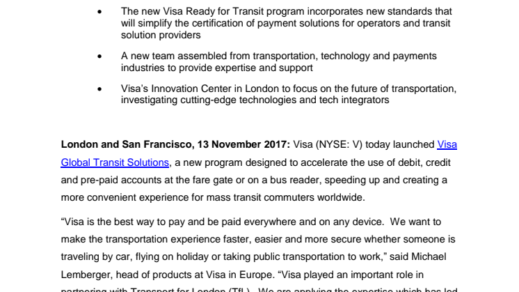 Visa to Transform the Mass Transit Experience Worldwide - 13 November