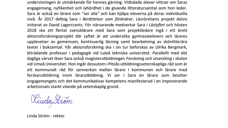 Sara tilldelas Svenska Akademiens svensklärarpris