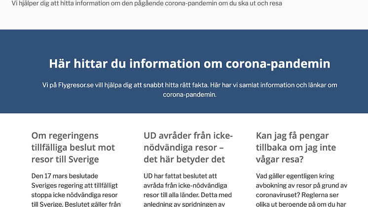Flygresor.se lanserar en information sida om den pågående corona-pandemin. https://www.flygresor.se/corona-covid-19/