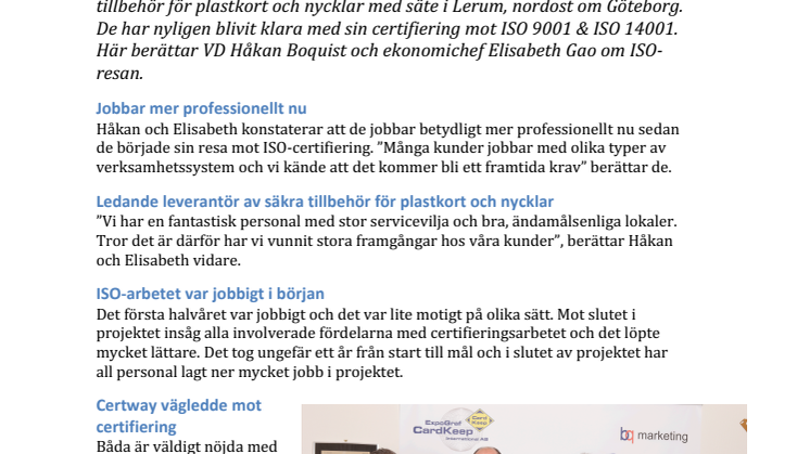 ExpoGraf CardKeep International AB kvalitets- och miljöcertifierade mot ISO 9001 & ISO 14001