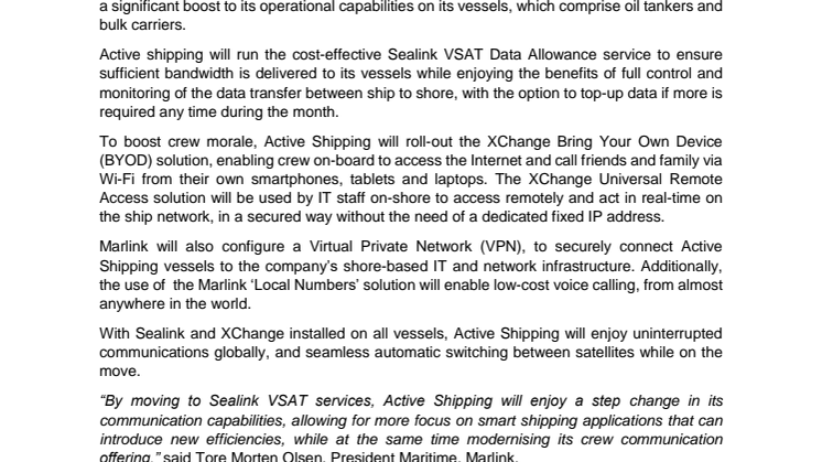Marlink: Active Shipping moves tanker and bulk carrier fleet to Sealink VSAT
