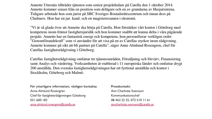 Catella stärker fastighetsrådgivningen i Göteborg