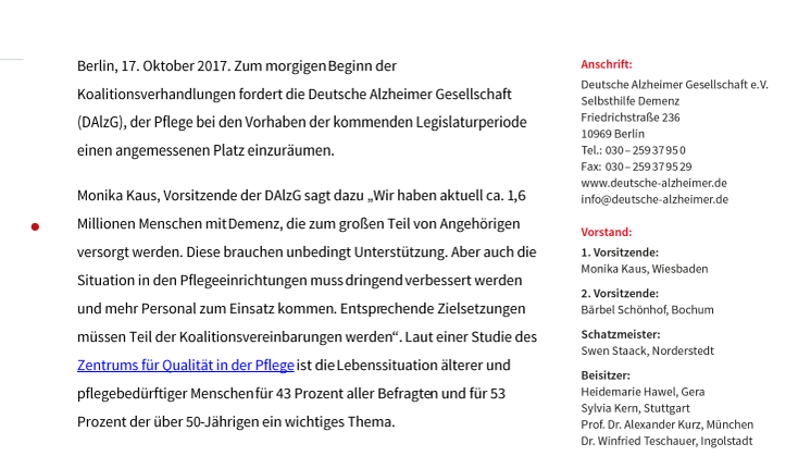 Deutsche Alzheimer Gesellschaft fordert: Die Pflege in den Koalitionsverhandlungen nicht vergessen!