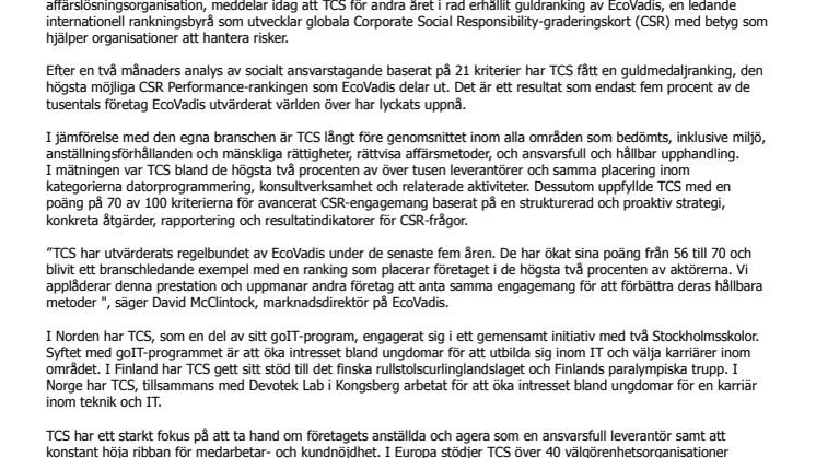 Guldmedalj till TCS i EcoVadis globala CSR-mätning