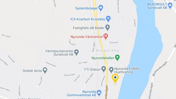 Karta till tomtvisning av BoKlok Älven, Kvissleby, Sundsvall. Byggplatsen markerad med gult.