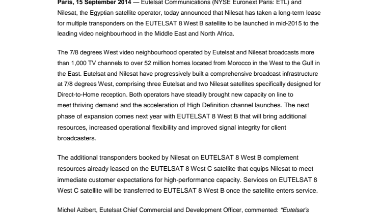 Nilesat inks multi-transponder contracts with Eutelsat on EUTELSAT 8 West B broadcast satellite