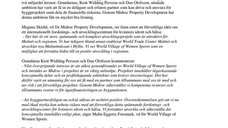 Midroc tecknar avtal avseende World Village of Women Sports