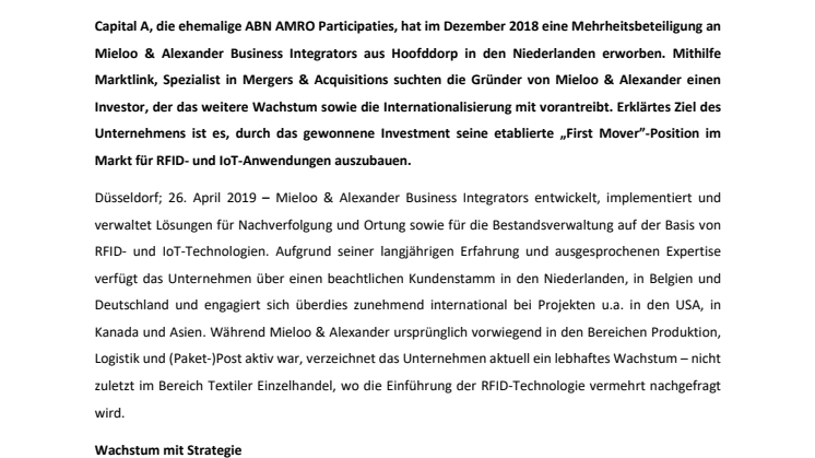 ERFOLGSVERSPRECHENDE VERBINDUNG: CAPITAL A ERWIRBT BETEILIGUNG AN MIELOO & ALEXANDER BUSINESS INTEGRATORS