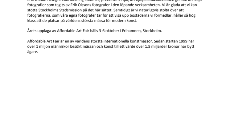 Erik Olsson Fastighetsförmedling stödjer Stockholms Stadsmission på Affordable Art Fair