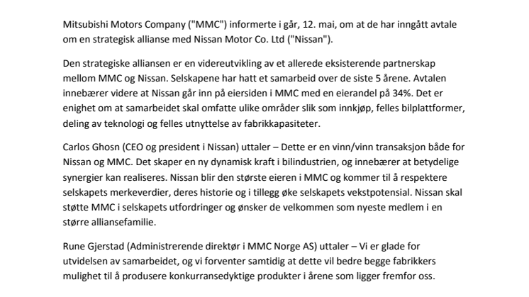 Vedrørende strategisk allianse mellom Mitsubishi og Nissan