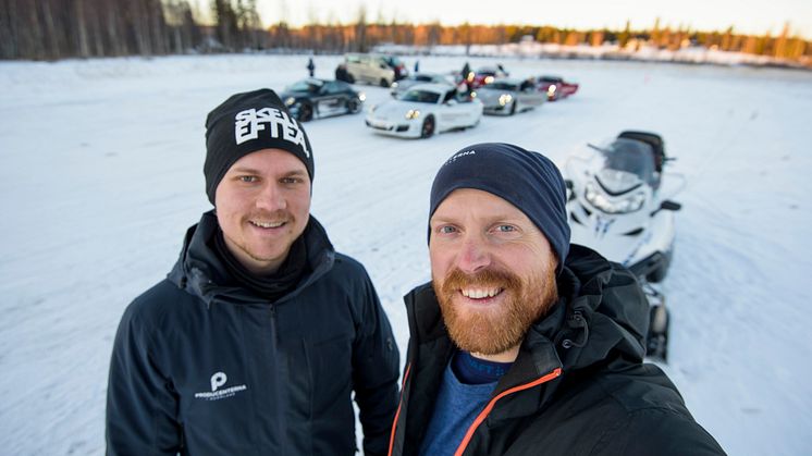 Swedrivings ägare Ludwig Eriksson och Johannes Holmlund vill skapa Nordens första elektrifierade köranläggning på is.  Foto: Producenterna i Norrland.