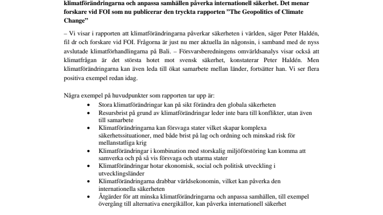 Global säkerhet påverkas av klimatförändringarna - nu finns rapporten
