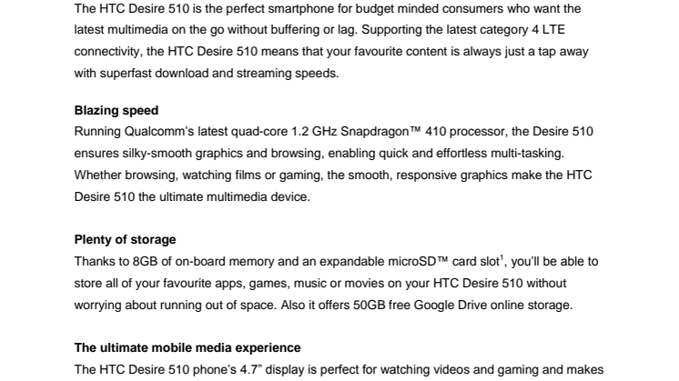 HTC DESIRE 510 BRINGS SUPER-FAST 4G TO EVERYONE